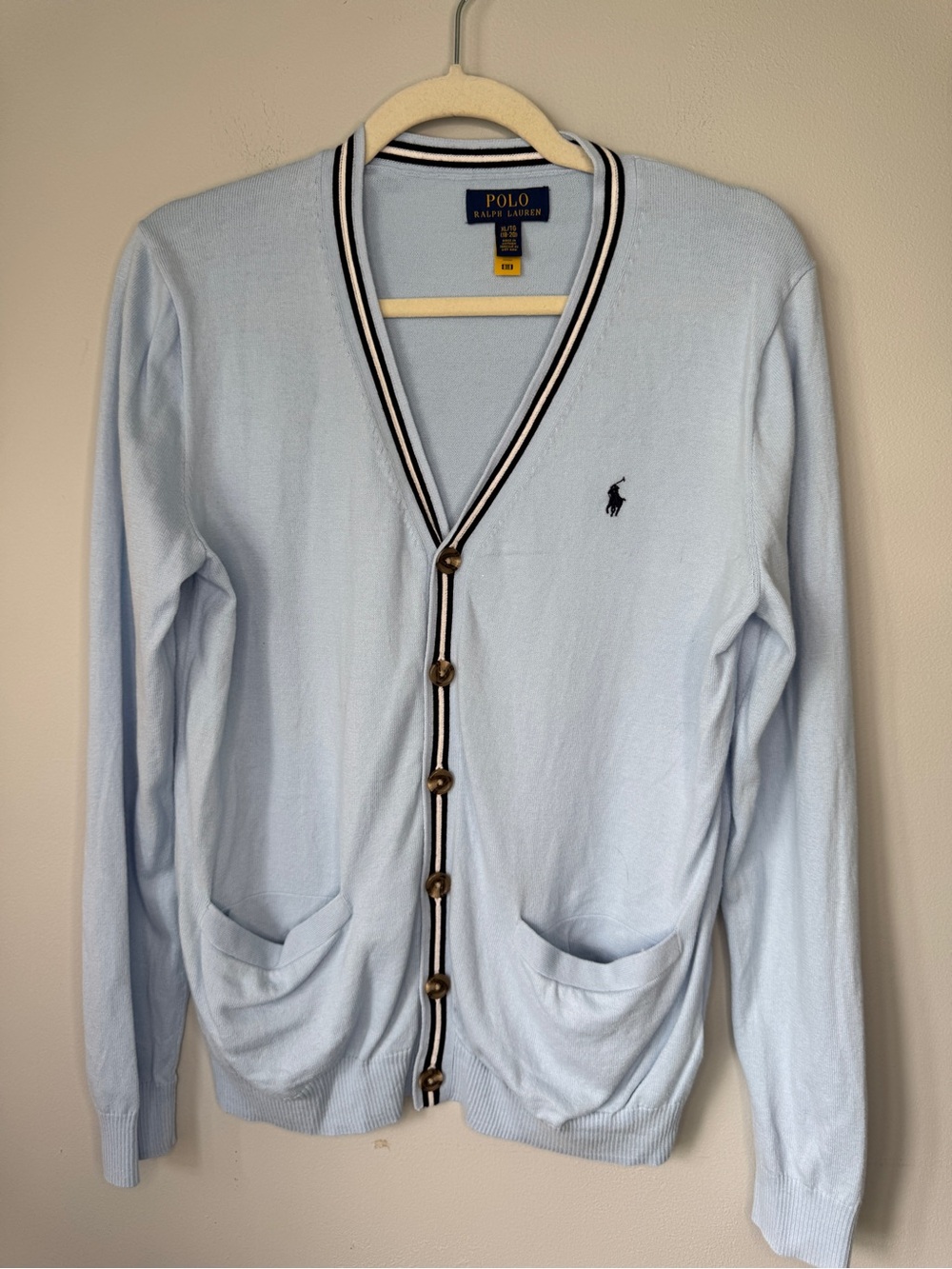Polo by Ralph Lauren Light Blue V-Neck Cardigan with Striped Trim